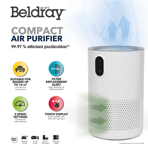 Beldray Compact Air Purifier, HEPA Filter, 3 Speed Settings, Able to Filter Mould Spores