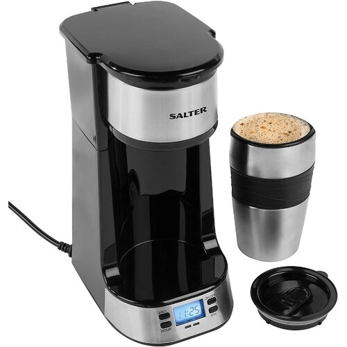 Salter Digital Coffee Maker to Go w/ 420 ml Stainless Steel Travel Mug, 24 Hour Programmable Timer, Compatible with Ground Coffee/Pads